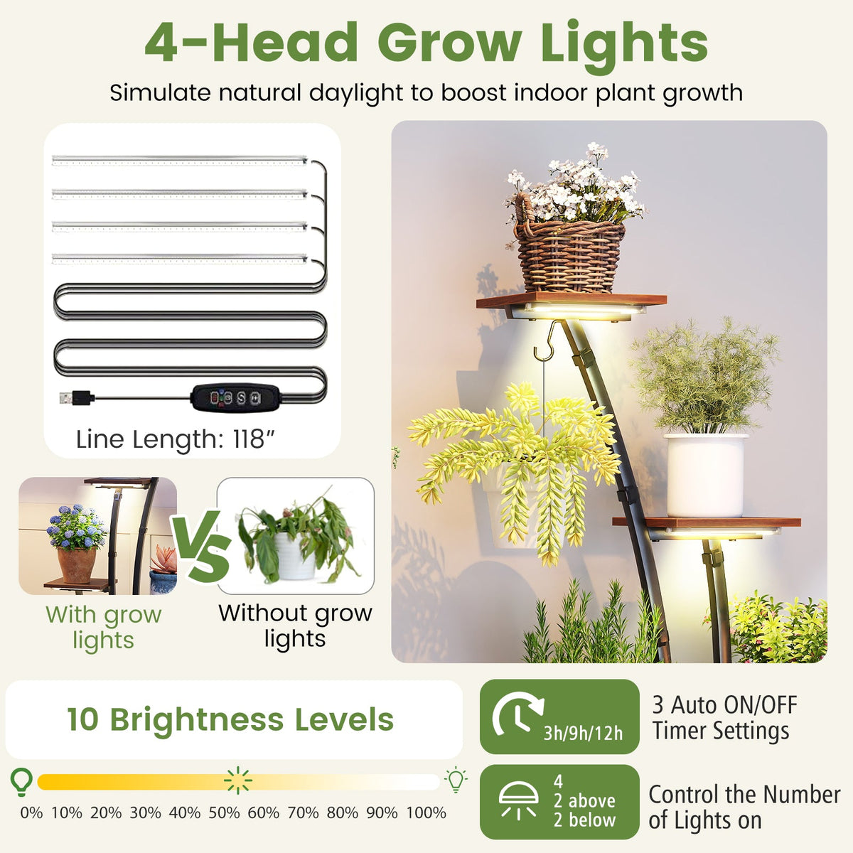 Tall 8-Tier Corner Plant Stand with Grow Lights