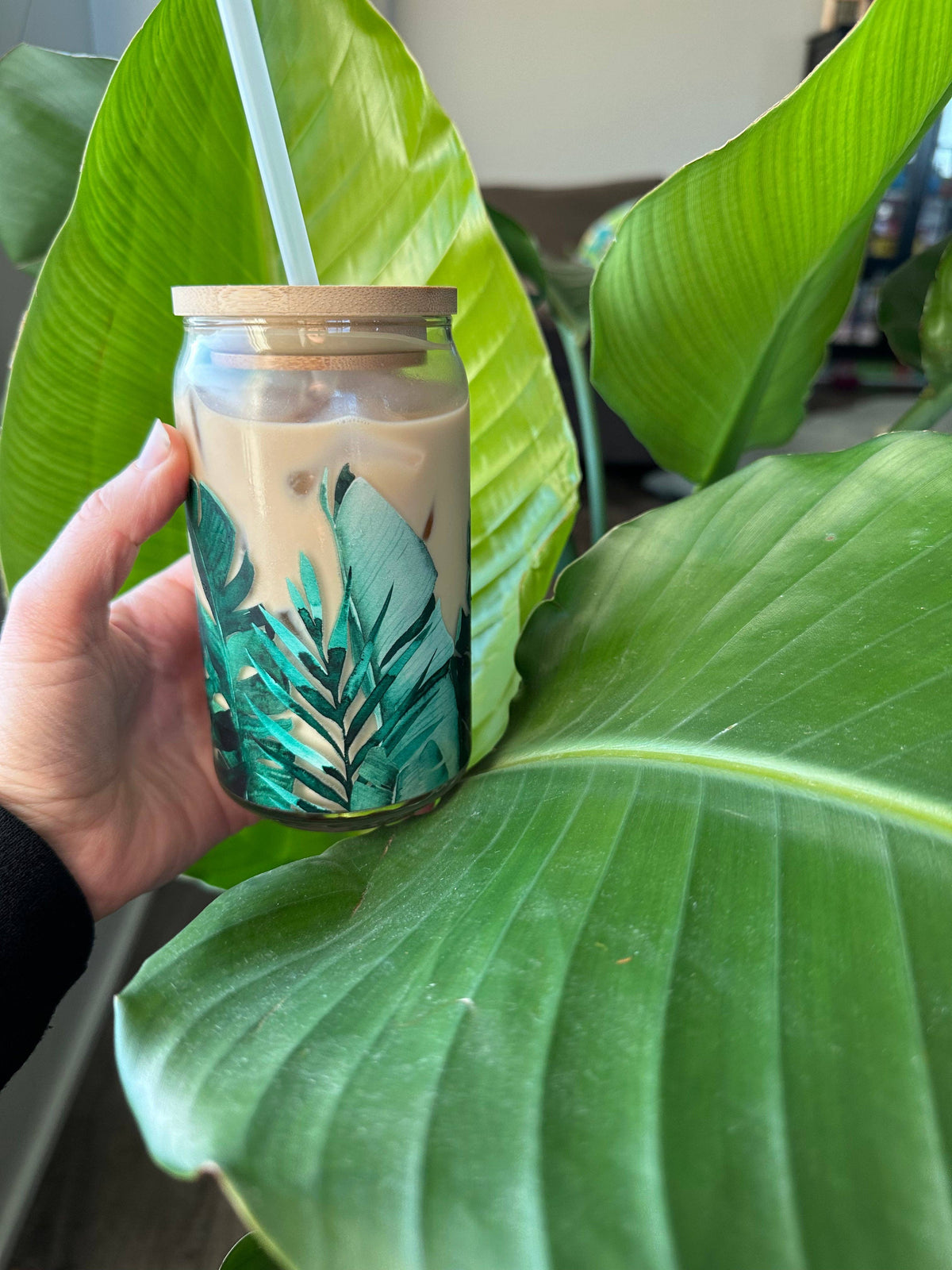 Clear Tropical Foliage Can Glass