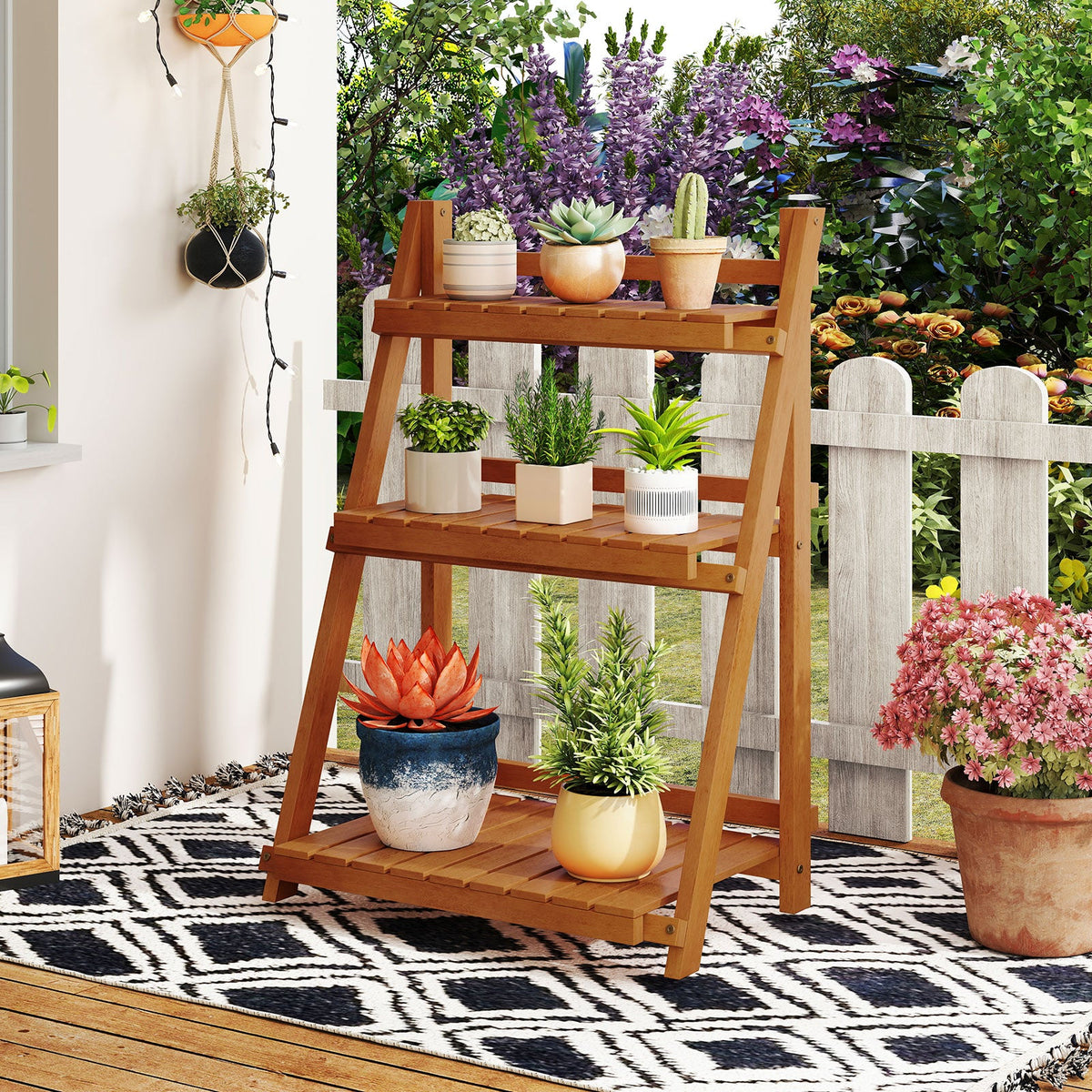 Foldable 3-Tier Solid Wood Plant Stand