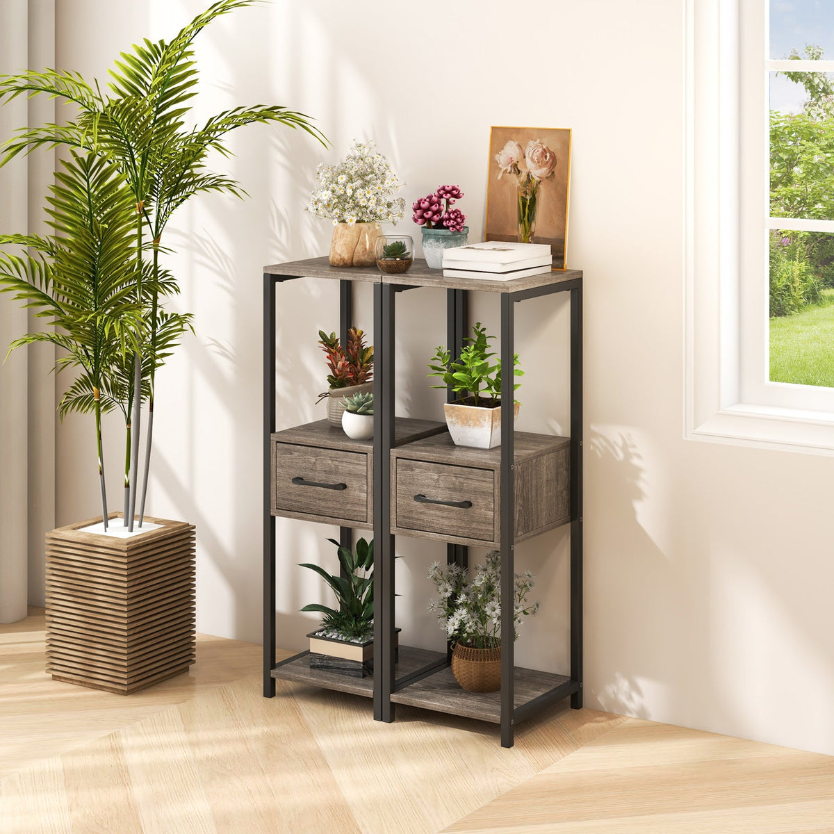 2-Pack 3-Tier Metal Plant Stand with Drawer