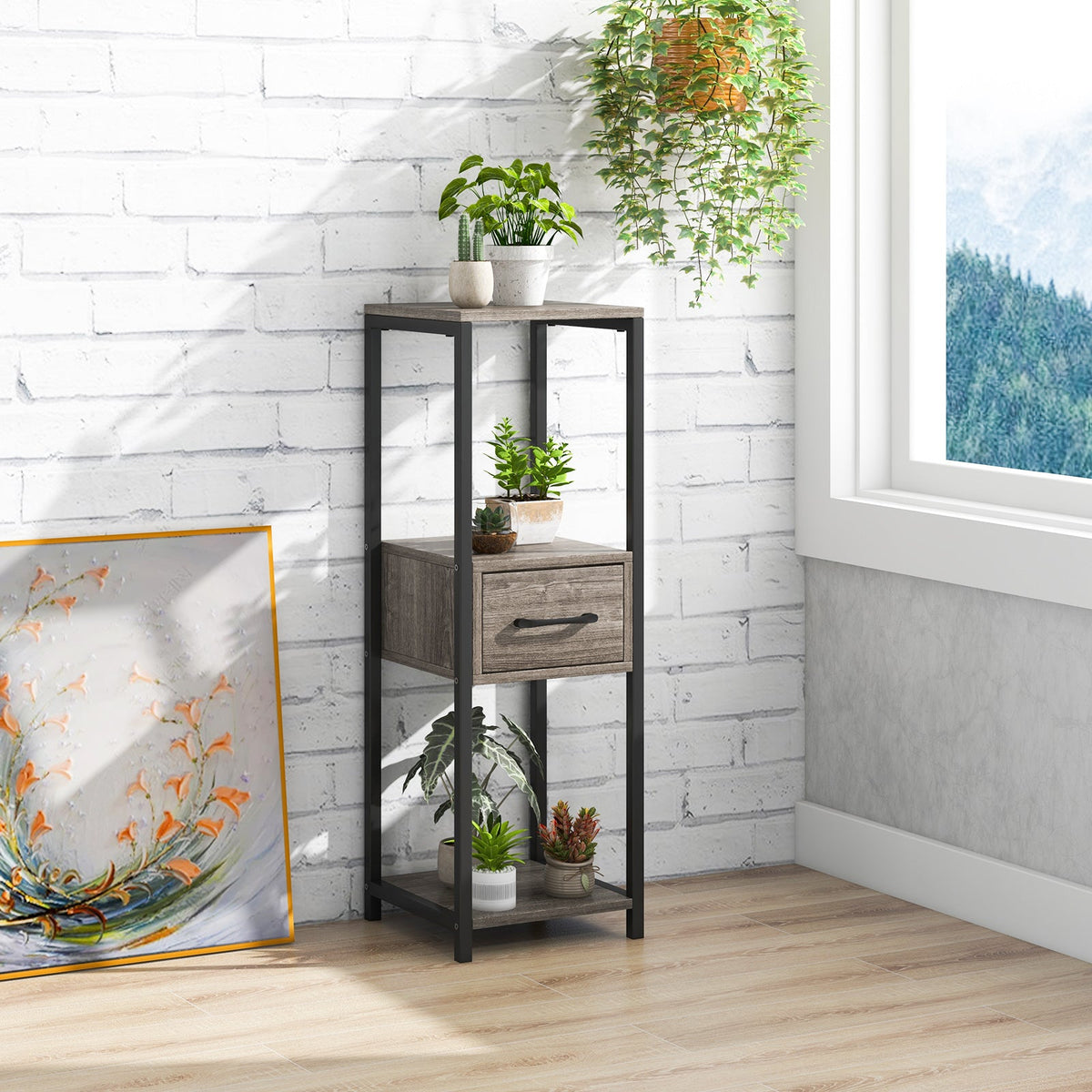 2-Pack 3-Tier Metal Plant Stand with Drawer
