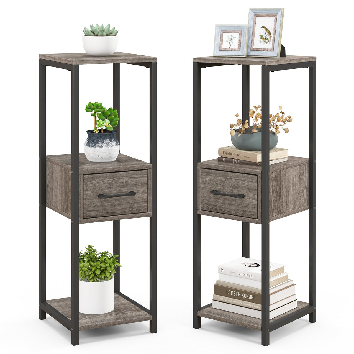 2-Pack 3-Tier Metal Plant Stand with Drawer