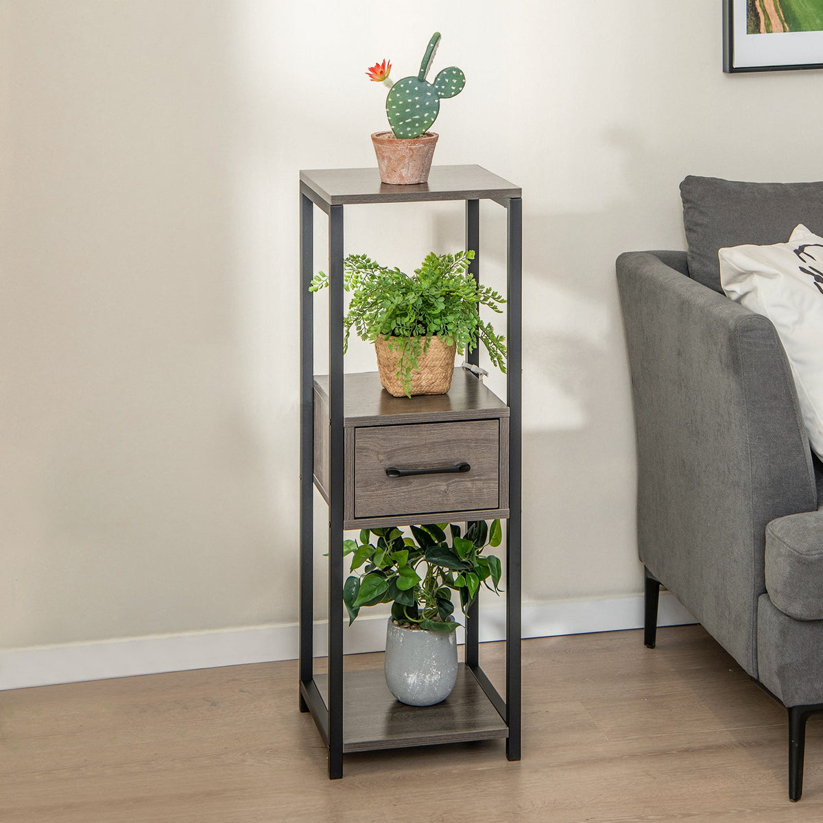 2-Pack 3-Tier Metal Plant Stand with Drawer