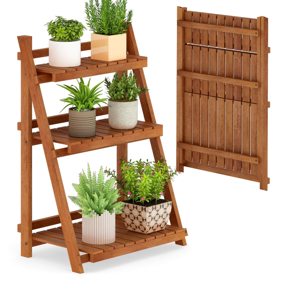 Foldable 3-Tier Solid Wood Plant Stand