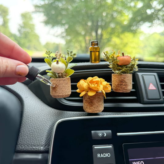 Orange pumpkin patch vent clip car diffuser in a cork pot, photo 1