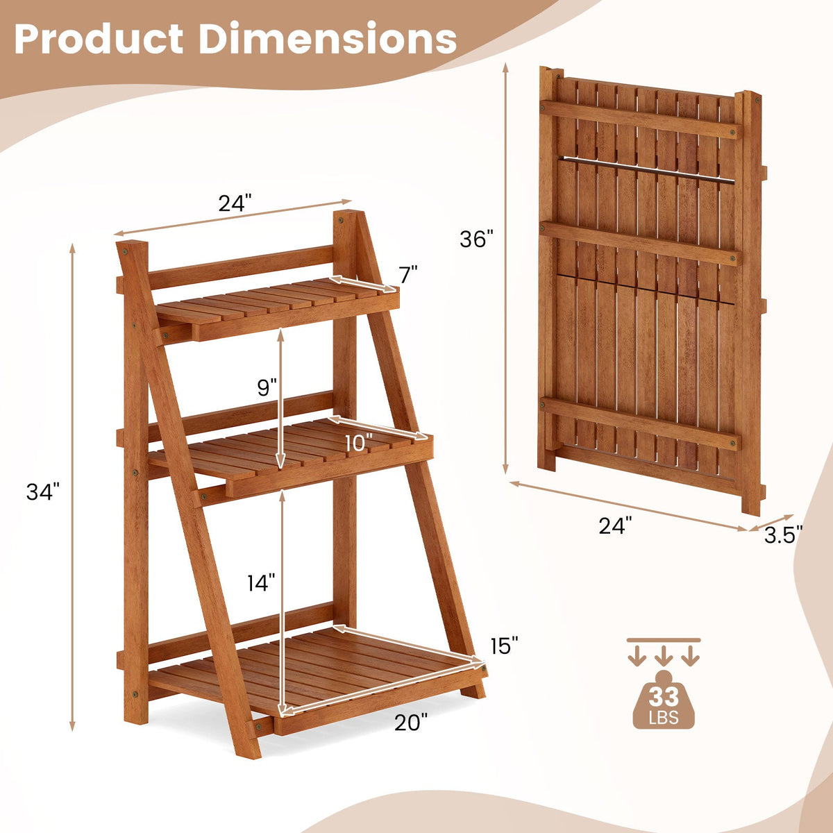 Foldable 3-Tier Solid Wood Plant Stand