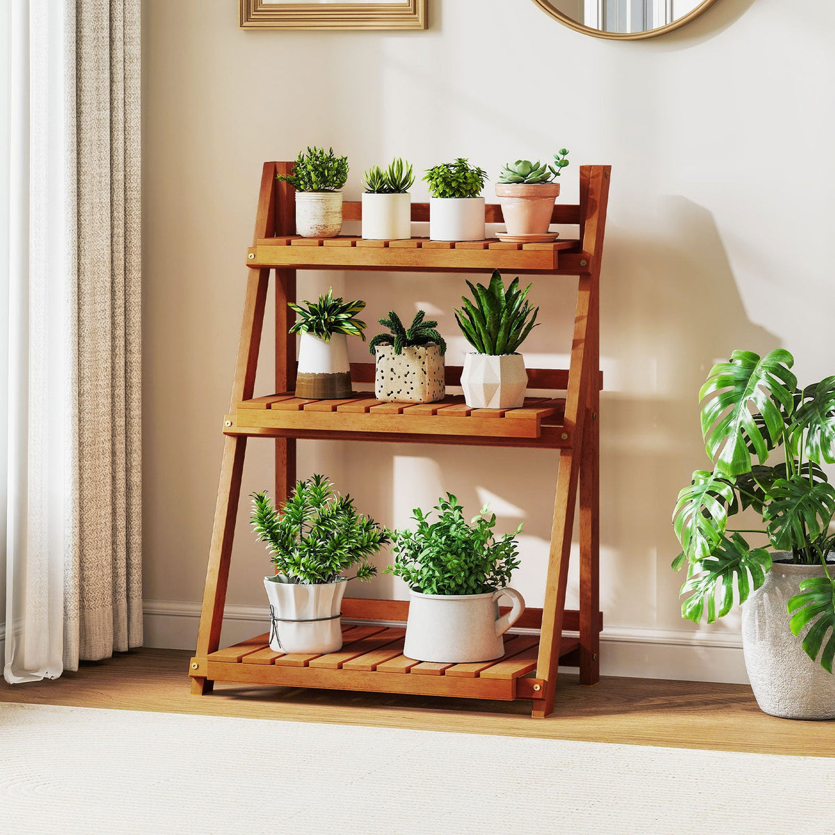 Foldable 3-Tier Solid Wood Plant Stand