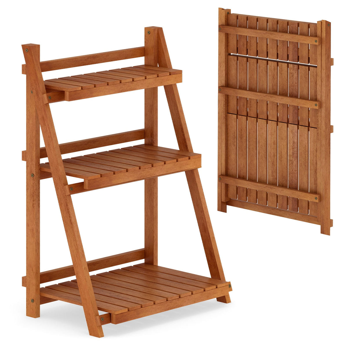 Foldable 3-Tier Solid Wood Plant Stand