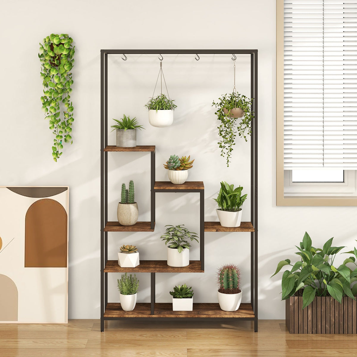 6-Tier Tall Metal Plant Stand with 10 Hooks, 71 in