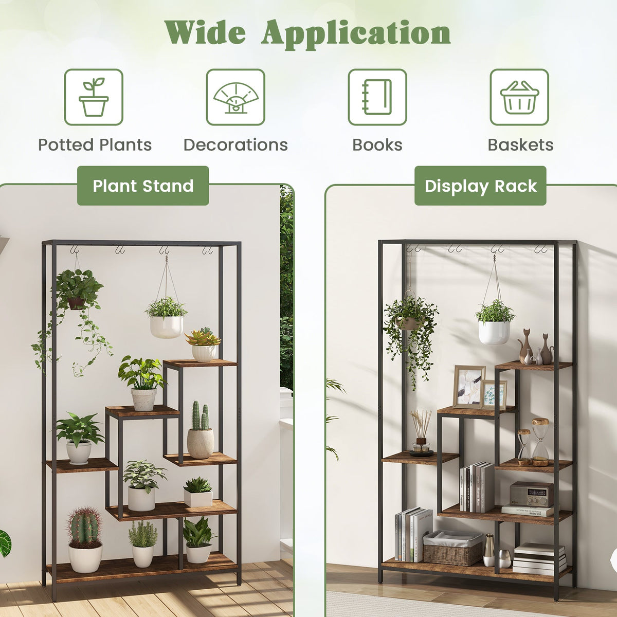 6-Tier Tall Metal Plant Stand with 10 Hooks, 71 in
