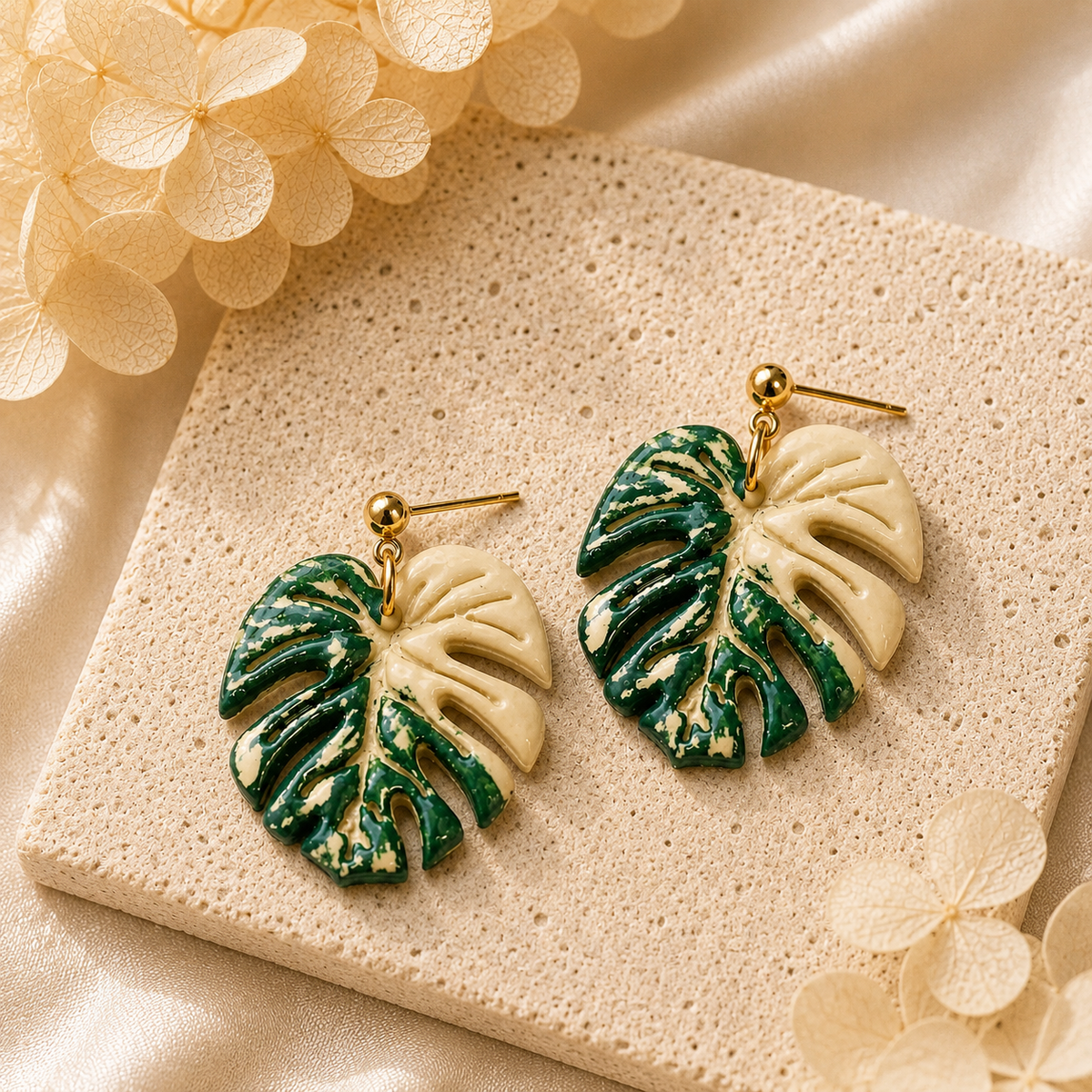 Cream Variegata Monstera Earrings