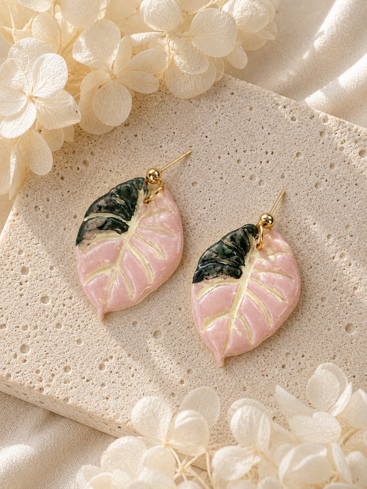 Alocasia Pink Black Velvet Earrings