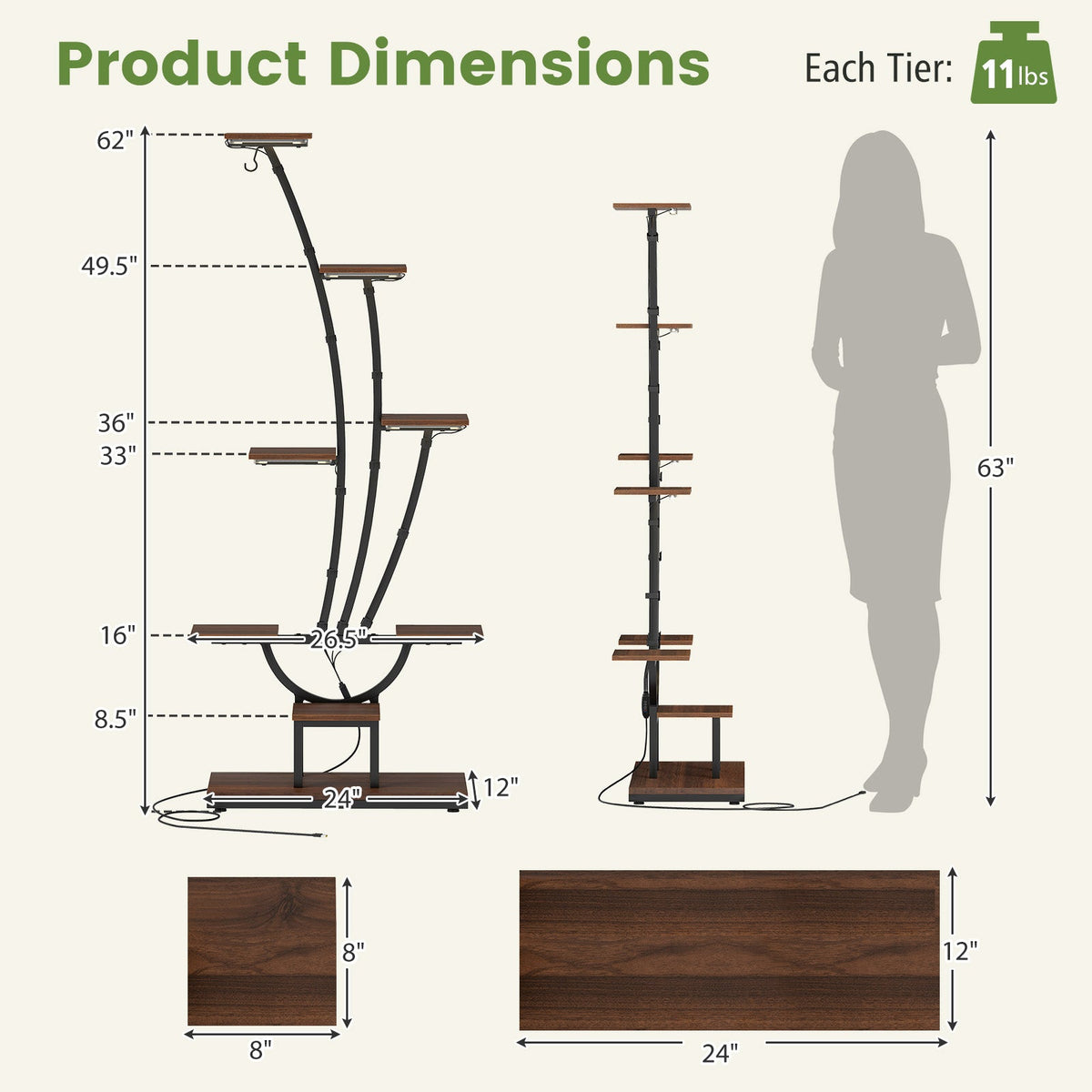 Tall 8-Tier Corner Plant Stand with Grow Lights