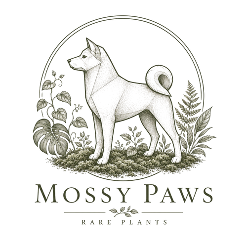 Logo for 'Mossy Paws' featuring a geometric dog illustration with plants.