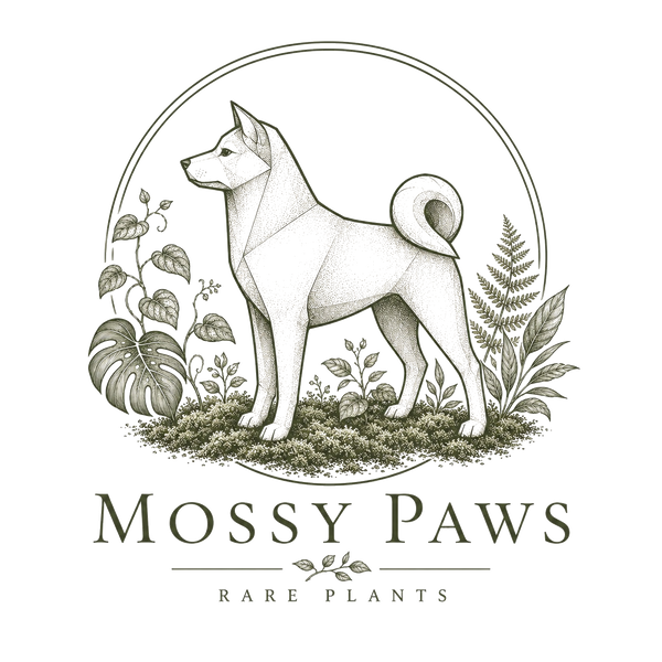 Logo for 'Mossy Paws' featuring a geometric dog illustration with plants.